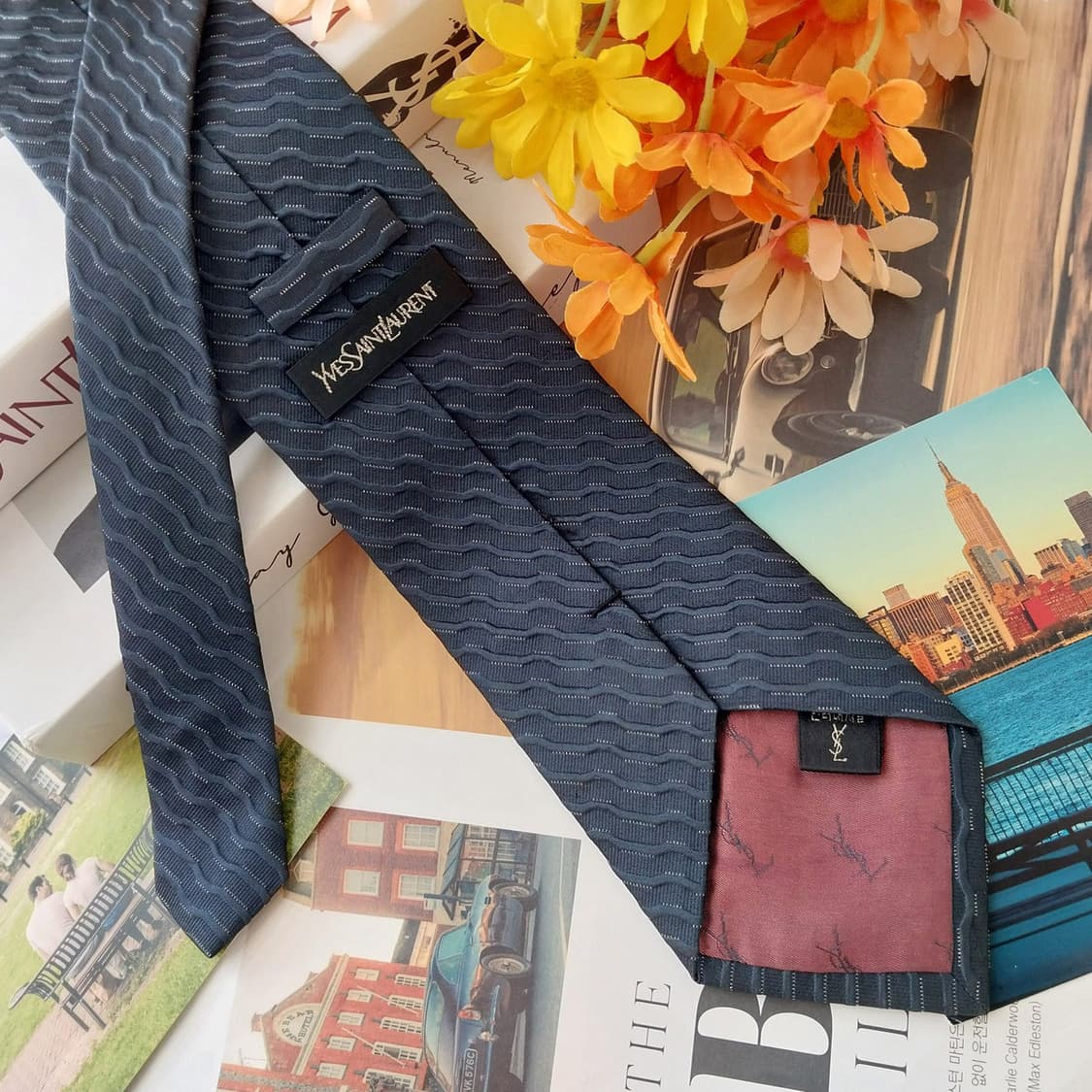 입생로랑 실크 네이비 웨이브 패턴 넥타이 9.3cm A등급 K2586 상품이미지4