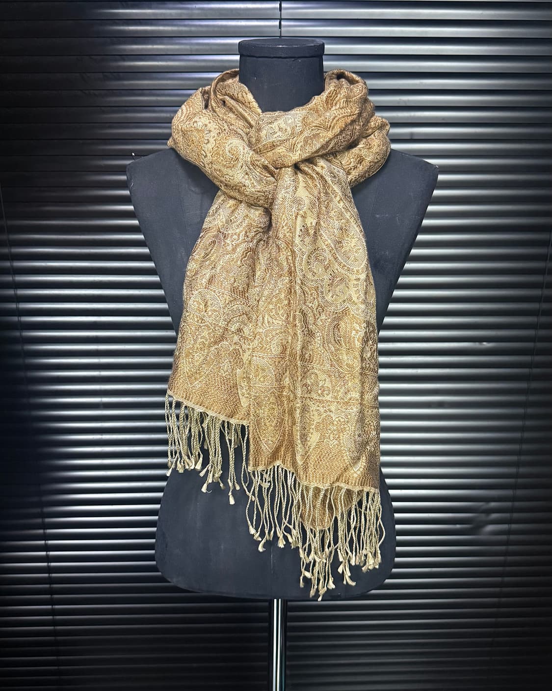 PASHMA 페이즐리 패턴 빈티지 실크 머플러 목도리 에스닉 웨스턴 골드 상품이미지2