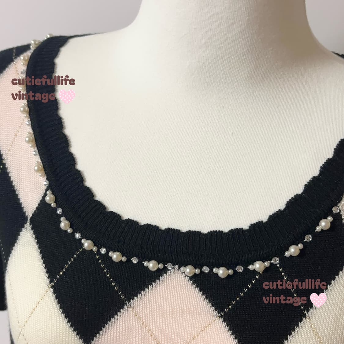 딸기우유 아가일 반팔 니트 탑 히메갸루 상품이미지4