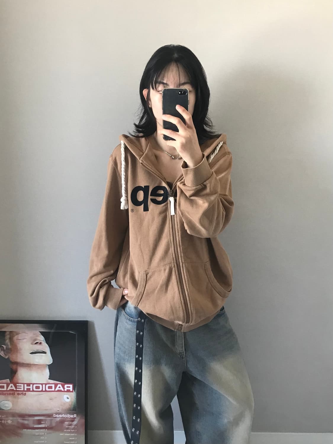 지프 중앙 로고 써멀 카멜 후드집업 상품이미지5