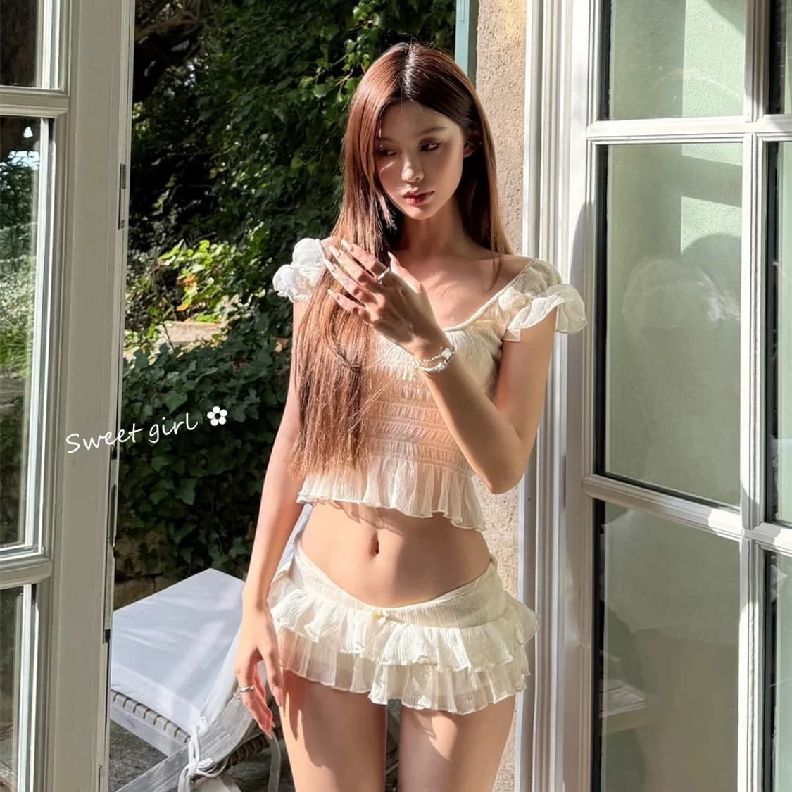 [새상품] 아이보리 프릴 리본 수영복 투피스 세트 휴양지 상품이미지1