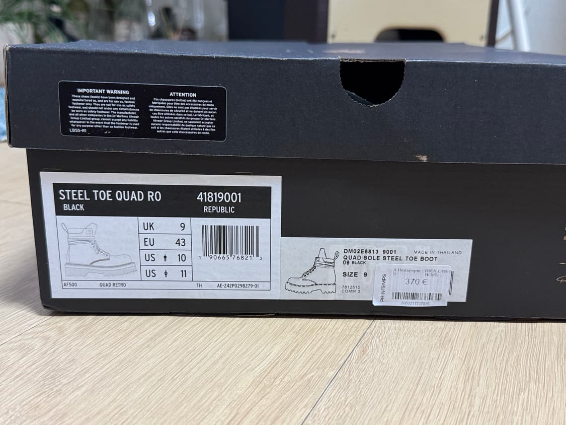 [uk9, 280] 닥터마틴 릭오웬스 쿼드 솔 스틸 토 부츠 블랙 상품이미지3