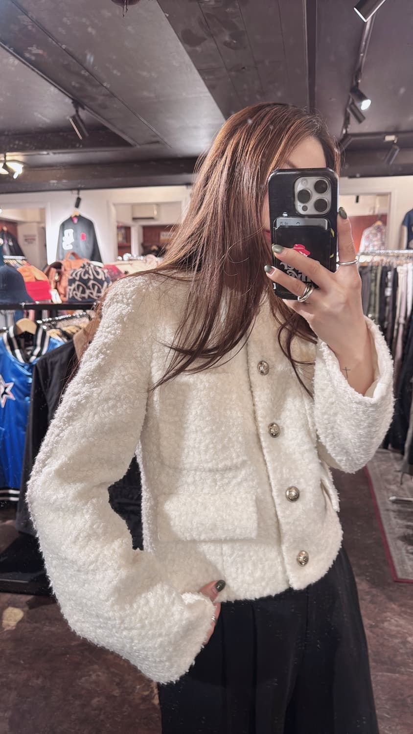 잇미샤 아이보리 부클레 크롭 노카라 트위드 자켓 S 상품이미지6