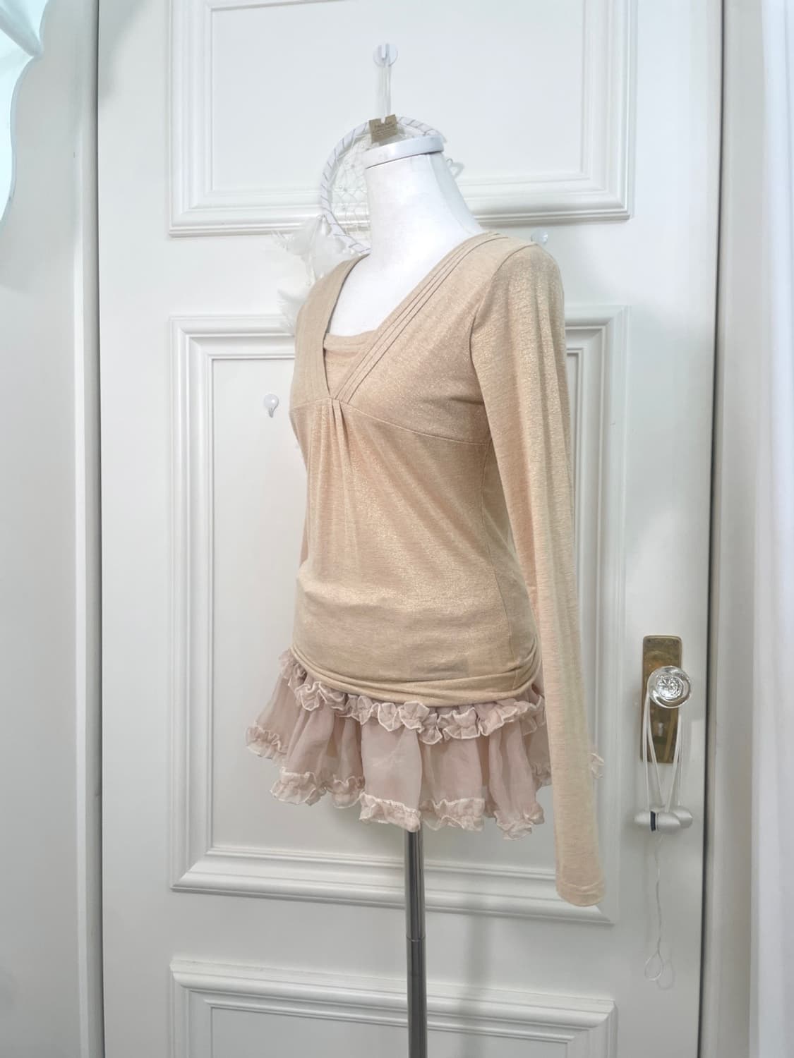 beige glitter v-neck pleats slim knit to 상품이미지2