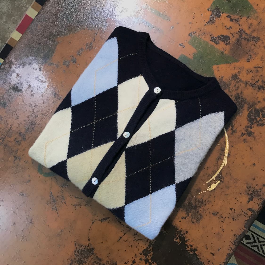 Vtg 빈티지 아가일 패턴 네이비 라운드넥 니트 가디건 여성 66 상품이미지1