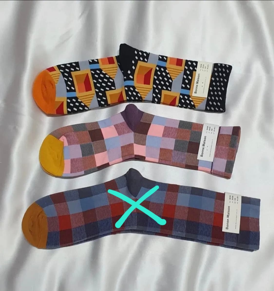 오렌지 옐로우 블루 레드 체크 Bonne Maison 본메종 양말 상품이미지1
