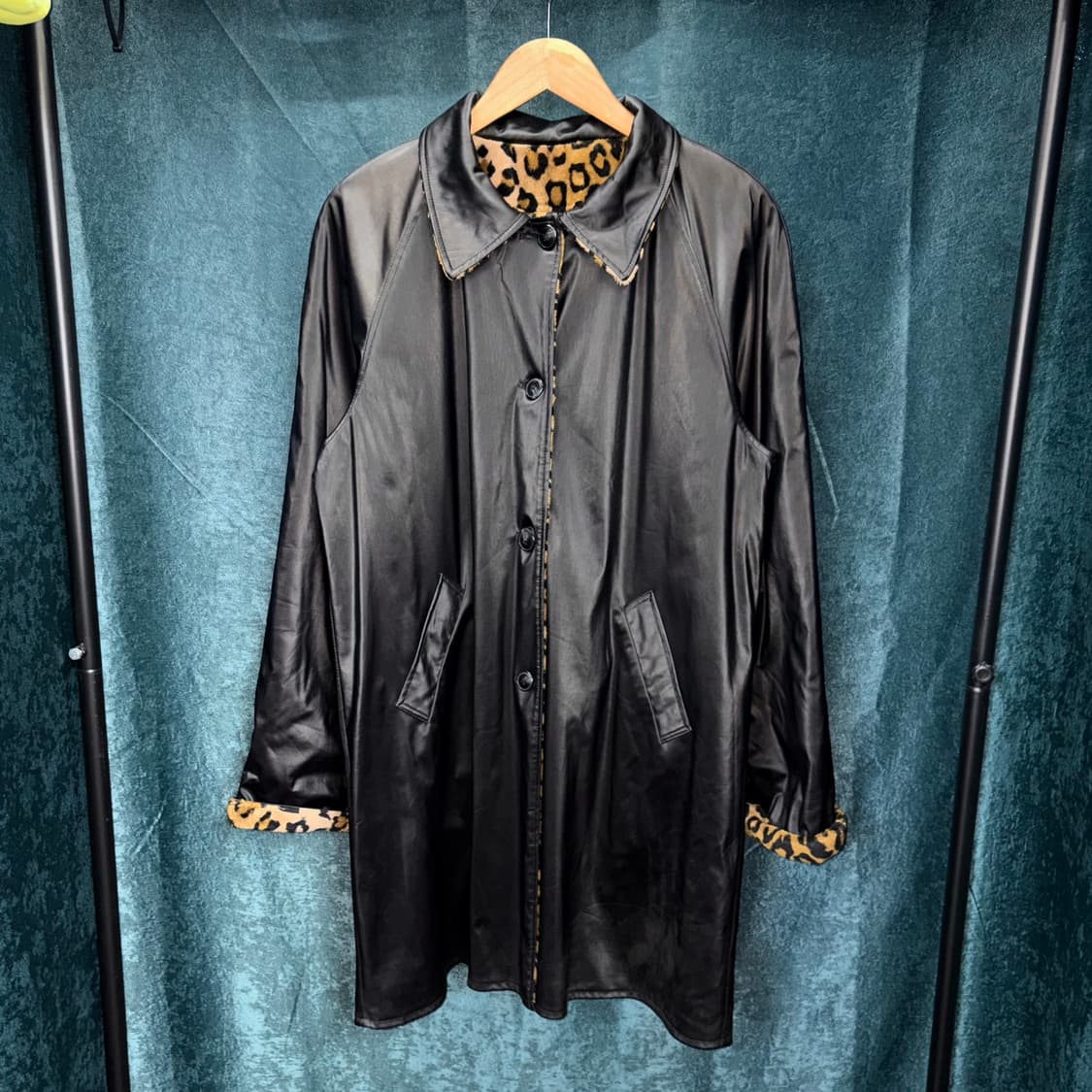 (L) 빈티지 레오파드 퍼 페이크 레더 롱 코트 상품이미지1