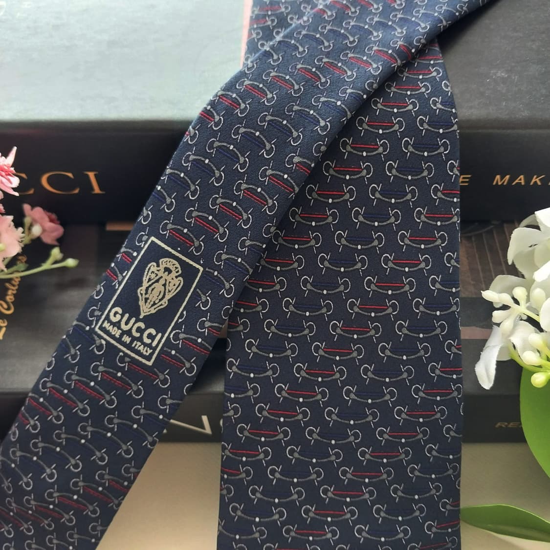 구찌 실크 네이비 홀스빗 패턴 넥타이 8.6cm A등급 K1861 상품이미지3