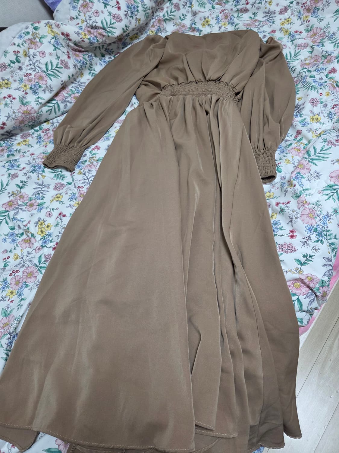 유럽무드 빈티지)브라운 하객룩 로맨틱모리걸 자라깔 스모크퍼프 롱원피스 상품이미지4