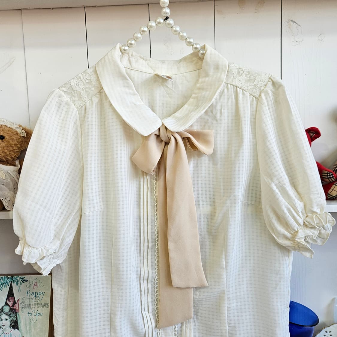 크림 아이보리 리본 레이스 블라우스 상품이미지4