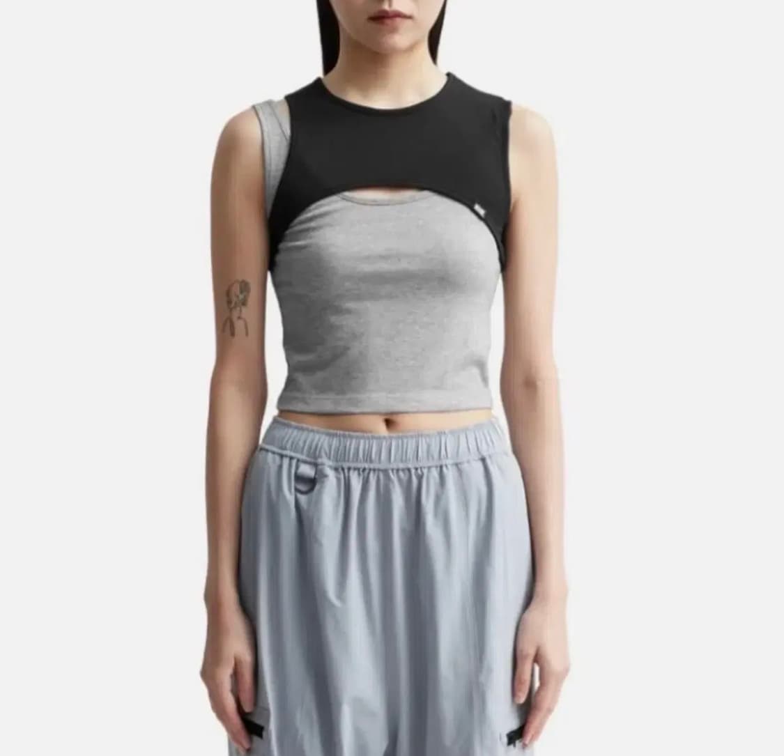 미스치프 스트레치 오버랩 탑 블랙 그레이 상품이미지2