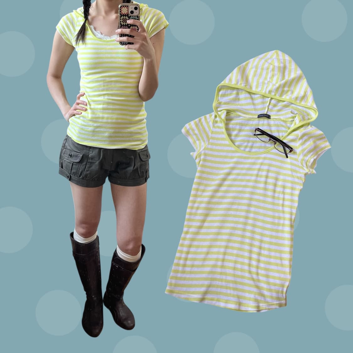 핀터깔 빈티지 라임그린 스트라이프 후드 티셔츠 상품이미지1