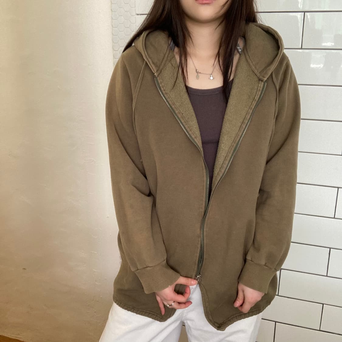빈티지 카키 오버사이즈 후드 집업 상품이미지3
