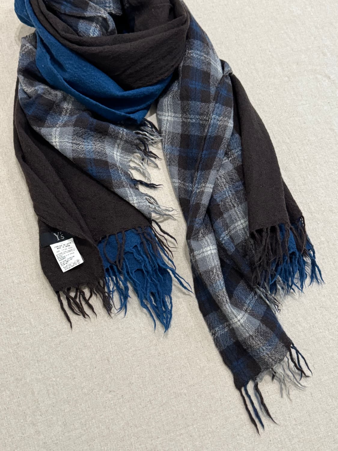 요지야마모토 브라운 체크 레이어드 울 머플러 상품이미지3