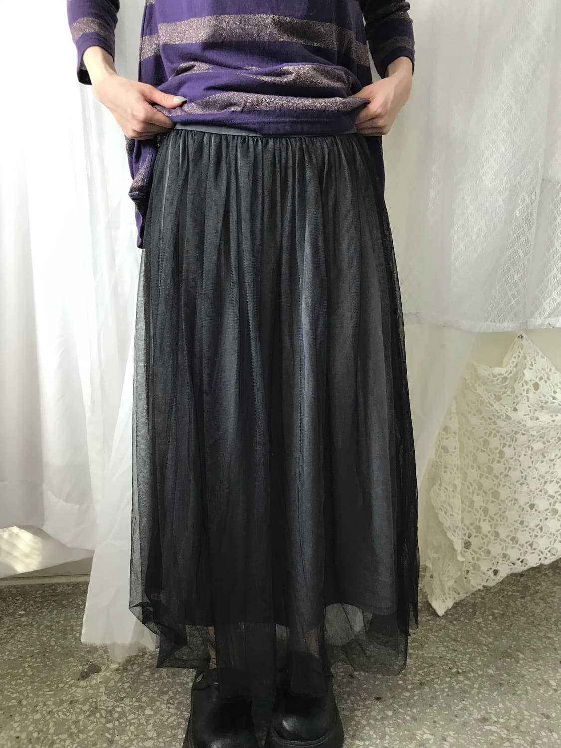 블랙 샤 롱 스커트 상품이미지1