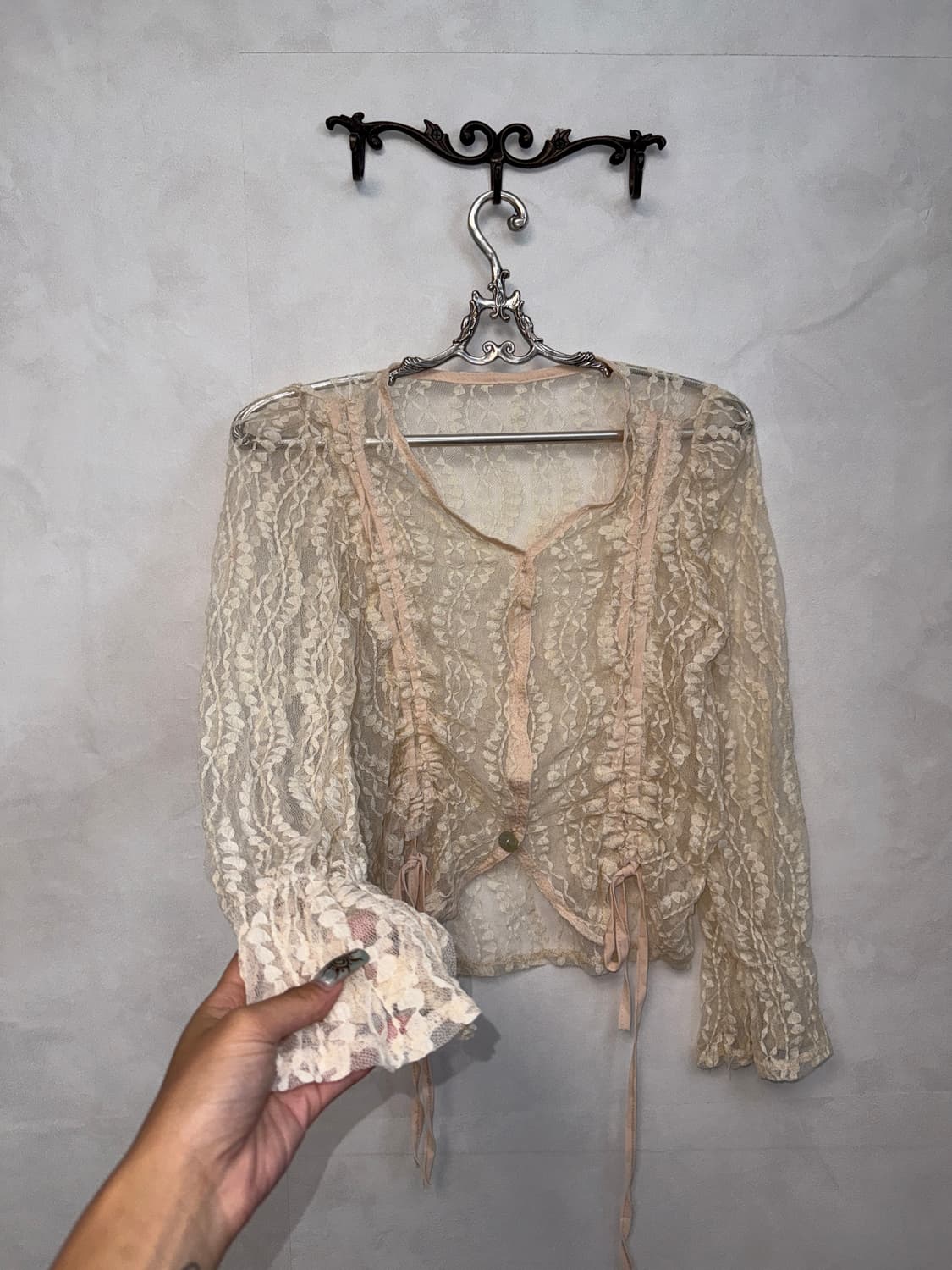 Pink beige ethnic lace shirring blouse 상품이미지2