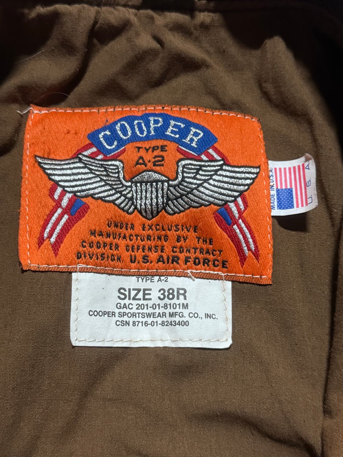80s USA Cooper A-2 레더자켓 브라운 38-R 상품이미지5