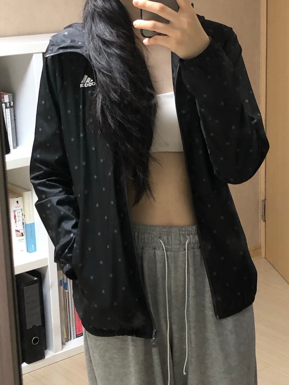 M 아디다스 메쉬 별 후드 집업 자켓 바람막이 져지 회색 검정 도트 상품이미지10