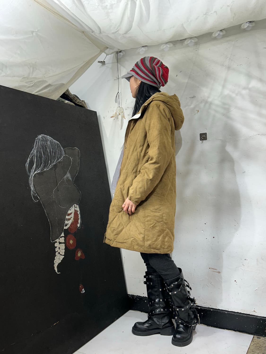 엘엘빈 스웨이드 퀼팅 후드 롱패딩 코트 자켓 S. 상품이미지2