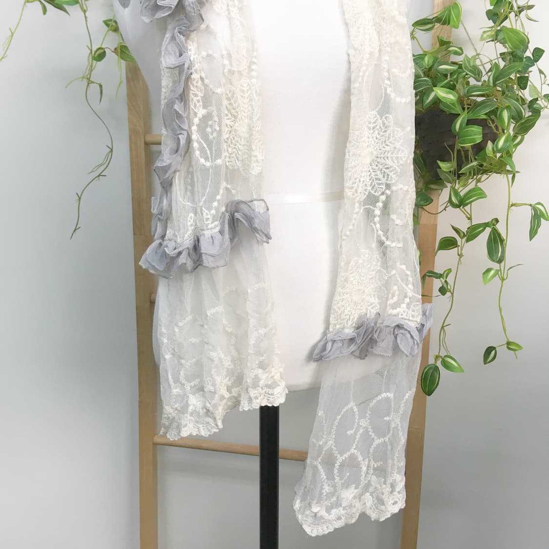 JPN/ 레이스 롱 스카프 아이보리 플라워 장식 오리엔탈스카프 상품이미지5