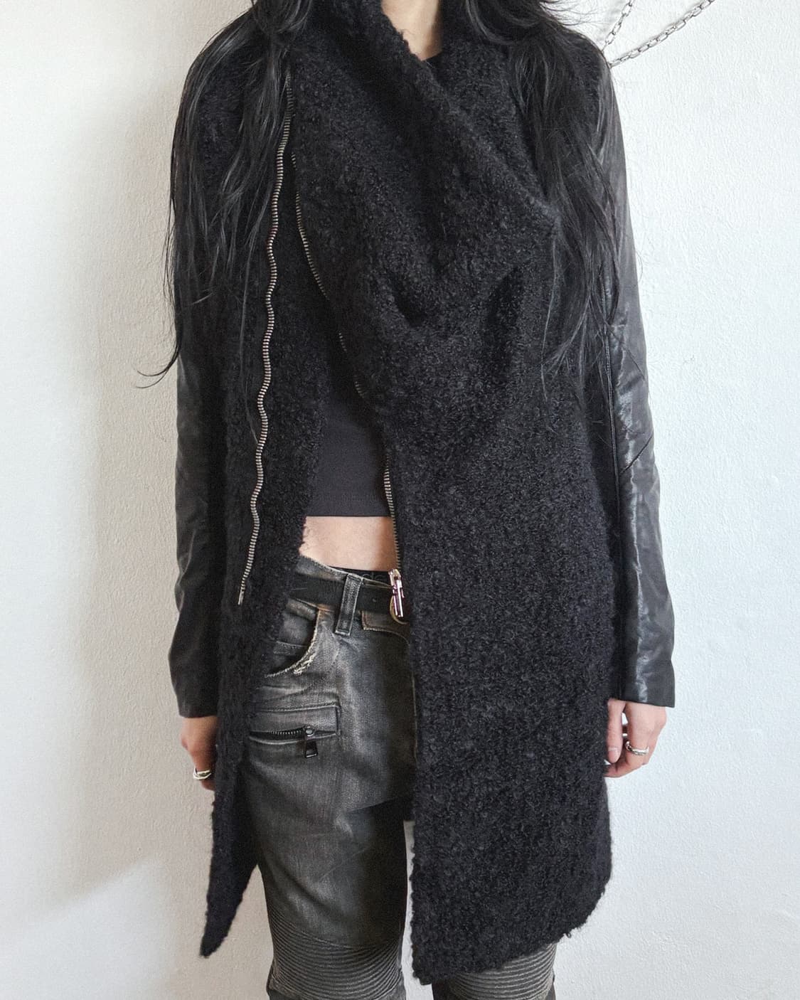 rare* 릭오웬스 사선지퍼 하이넥 모헤어 레더슬리브 코트 상품이미지2