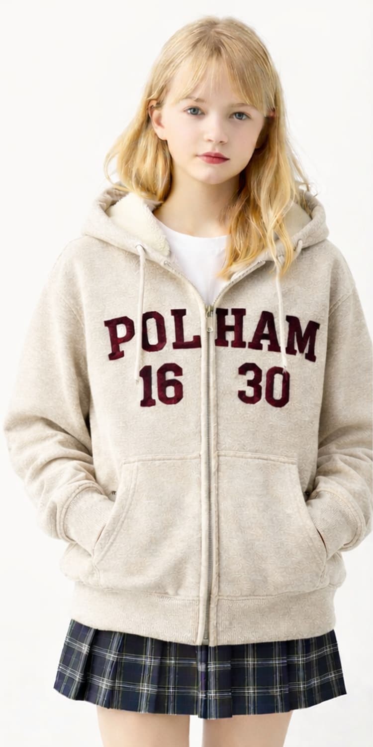 폴햄(POLHAM) 1630 레터링 후리스 기모 집업후드 90 상품이미지1
