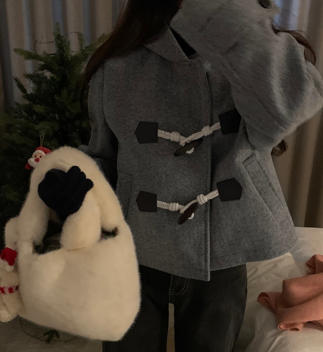 소녀레시피 헤이즐 더플 떡볶이 후드 숏 코트 그레이  상품이미지1