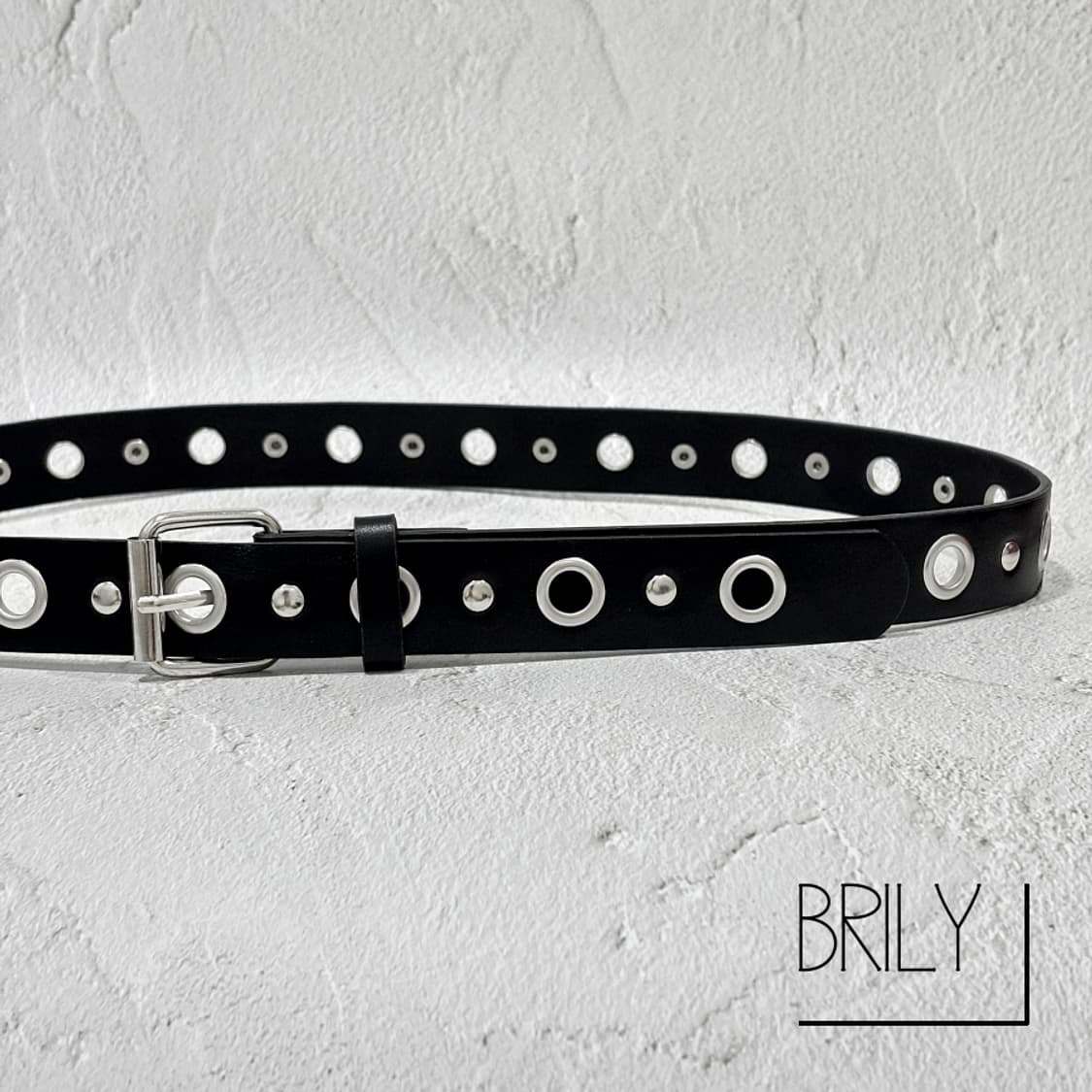 [Unisex] ANDY2 아일렛 티니 스터드 가죽 벨트 블랙 상품이미지1