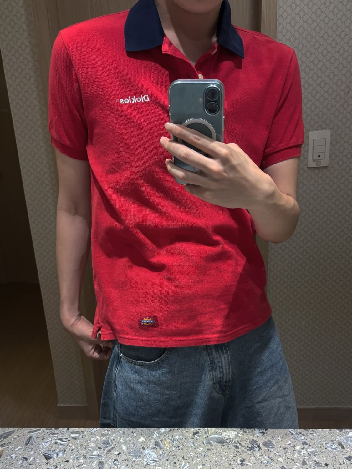 [M] 디키즈(Dickies) 로고 자수 배색 카라티 레드 상품이미지3