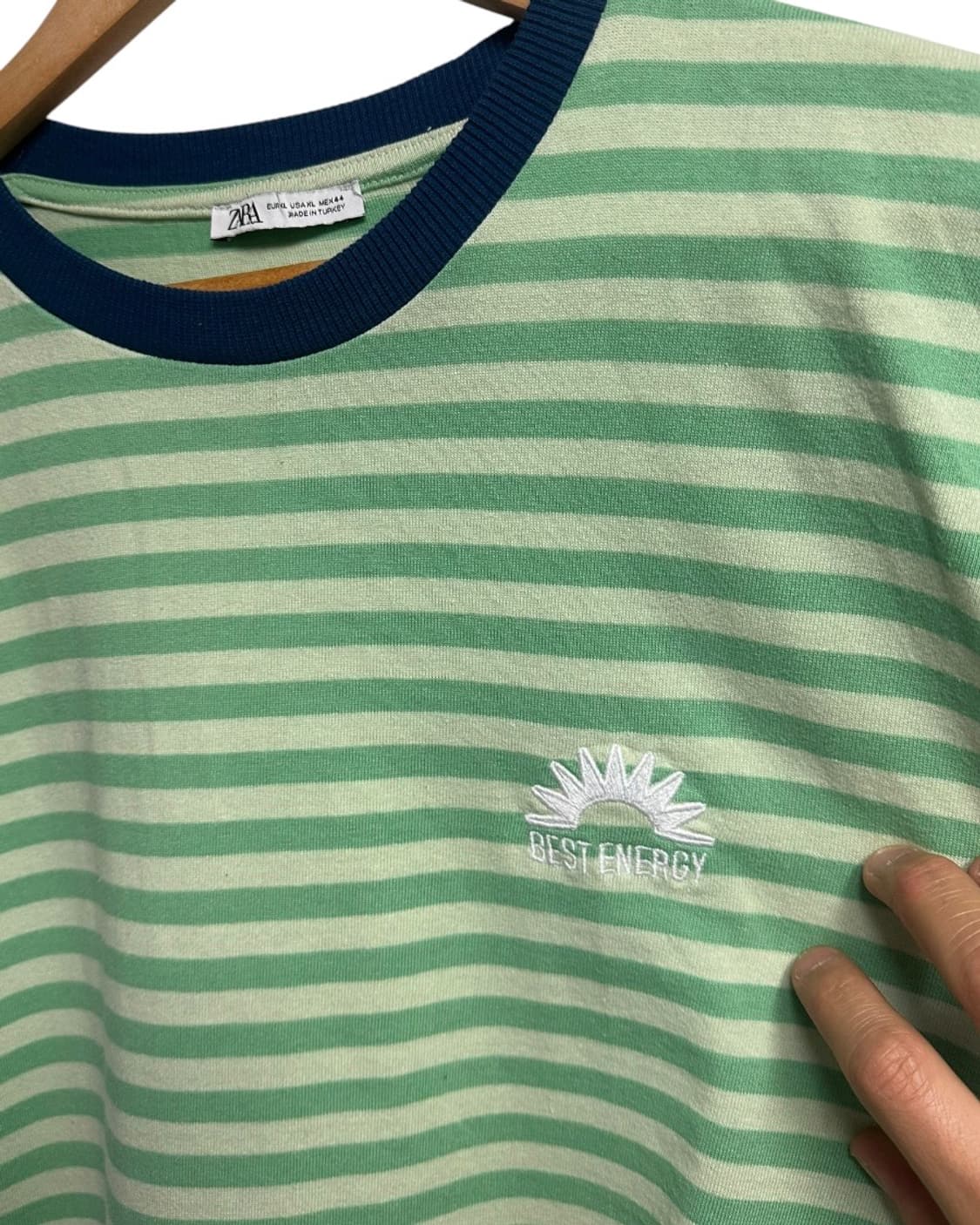 자라(ZARA) 그린 스트라이프 링거 반팔 티셔츠 XL size 상품이미지2