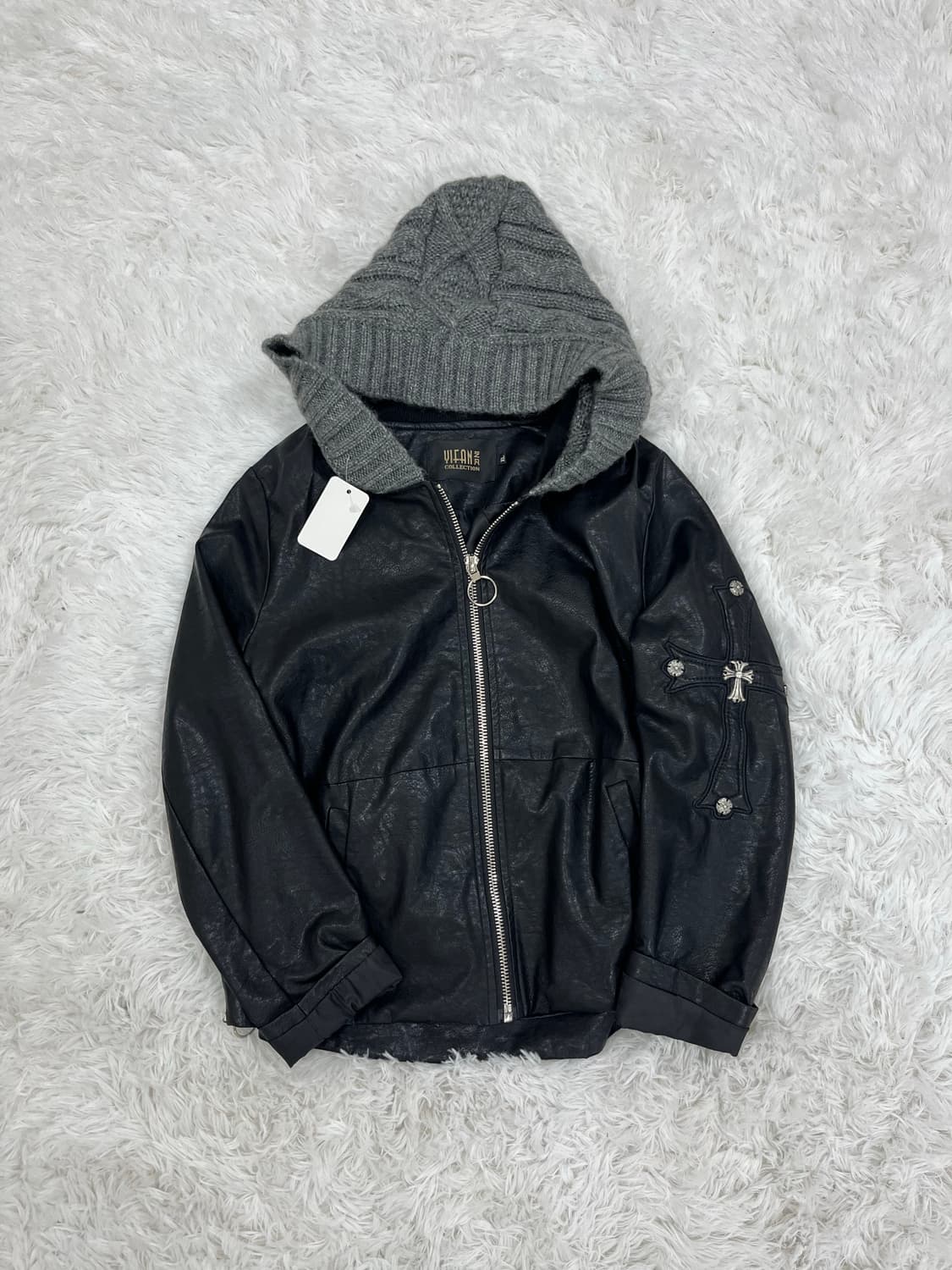 십자가 니트 후드 레더 자켓 상품이미지6
