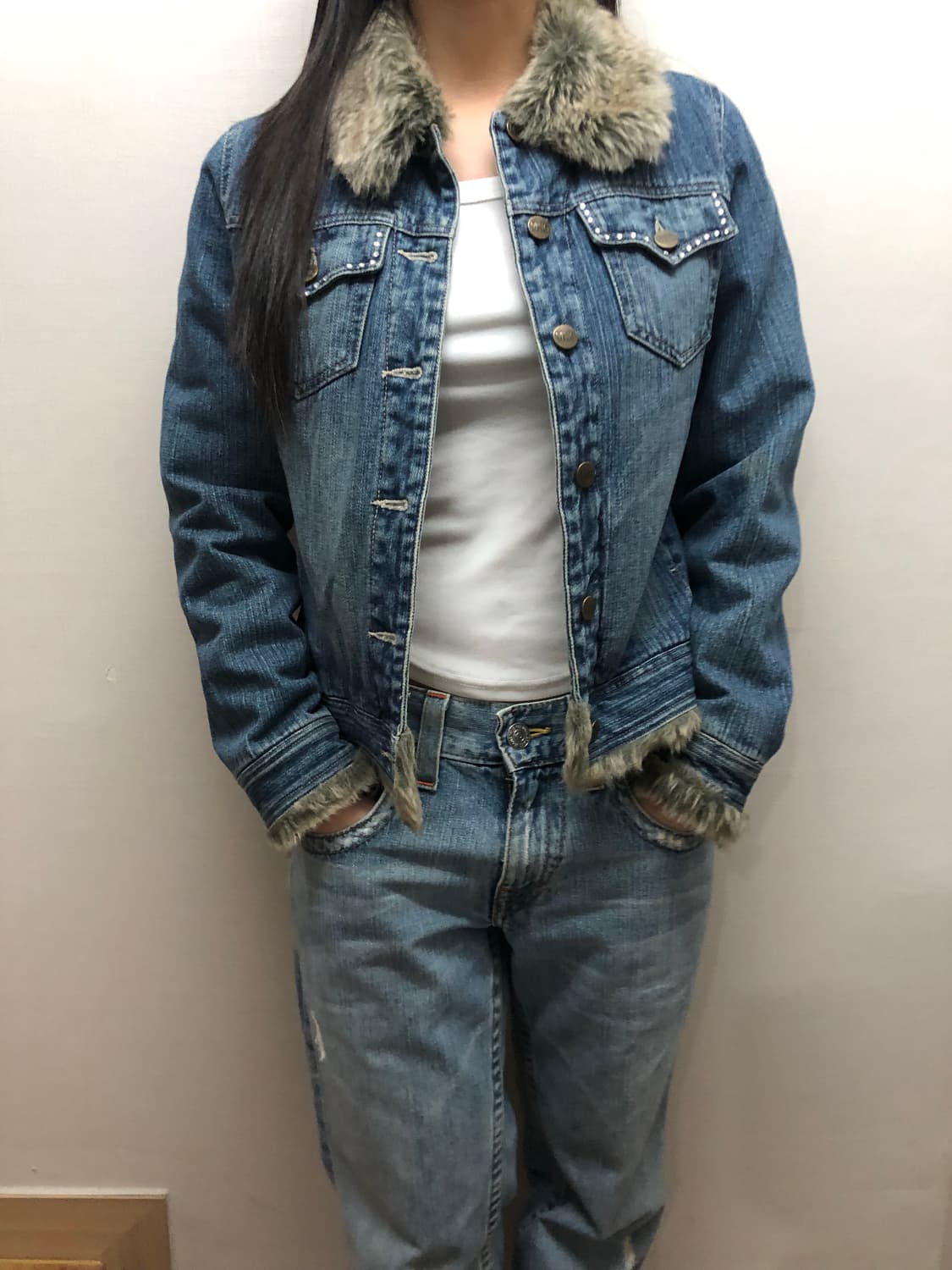 빈티지 데님 큐빅 퍼 자켓 상품이미지1