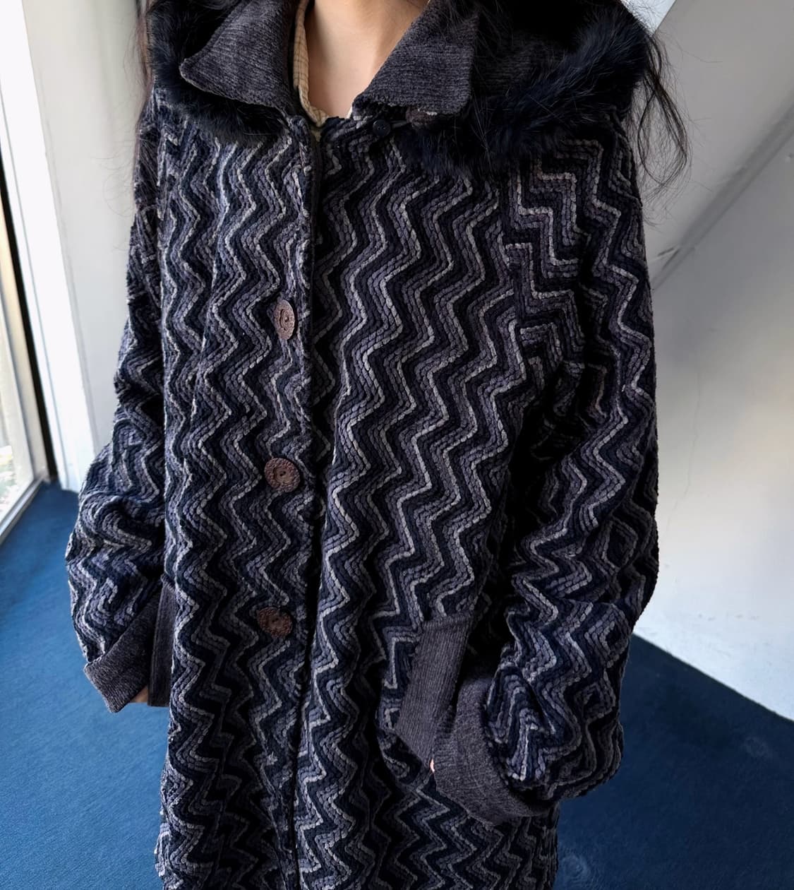 Design knitted fabric 2way hood coat 상품이미지5