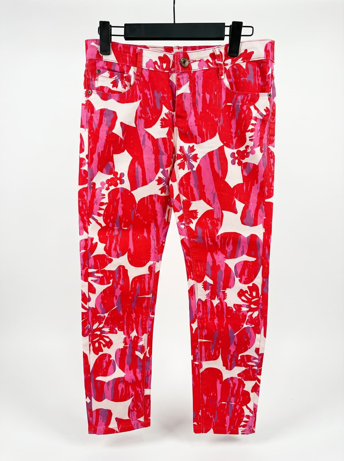 DKNY ROCKER 플로럴 페인팅 빨간 꽃 무늬 스키니 진 상품이미지1