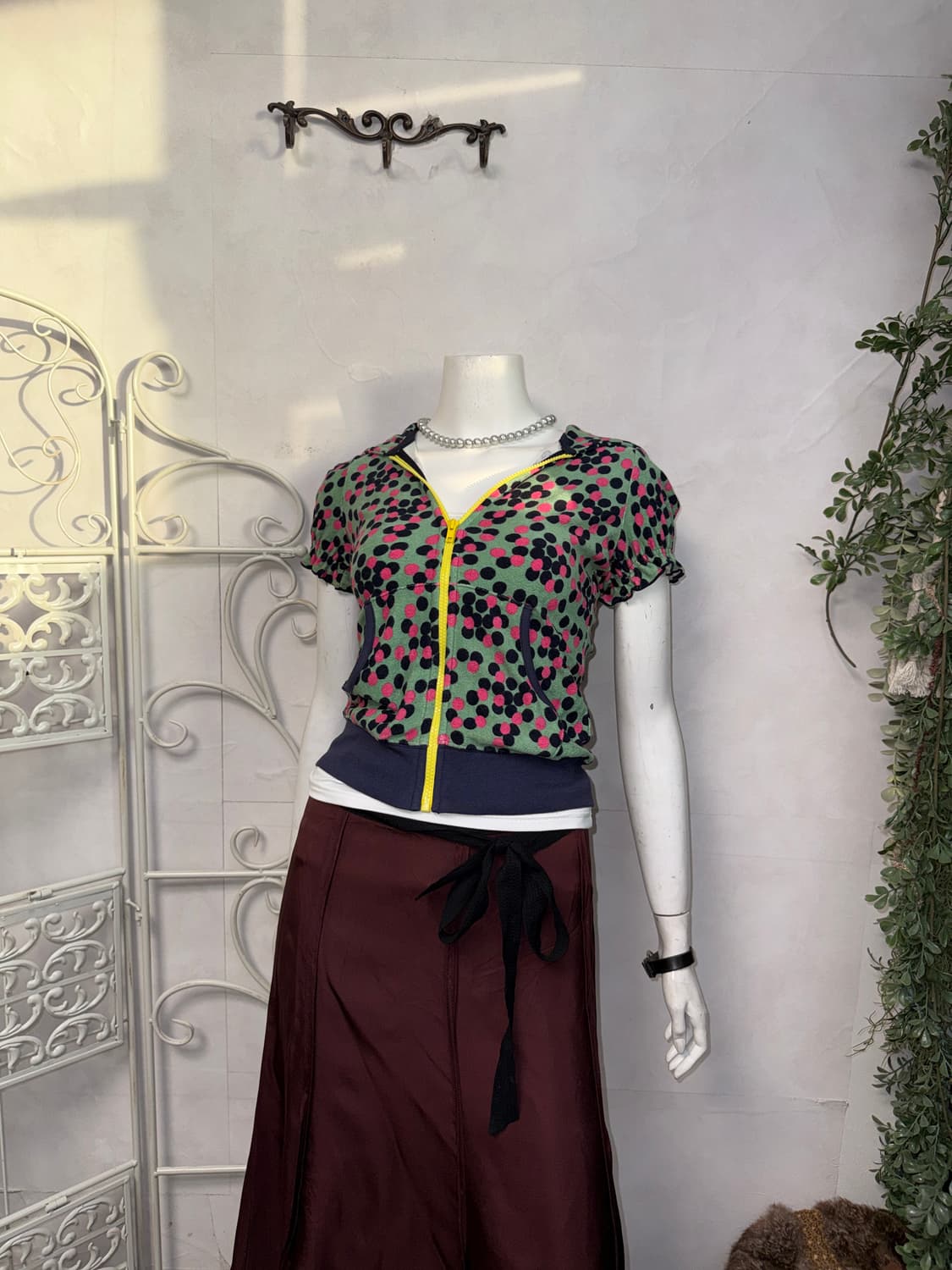 Mint pink dot velvet puff half 후드집업 상품이미지5