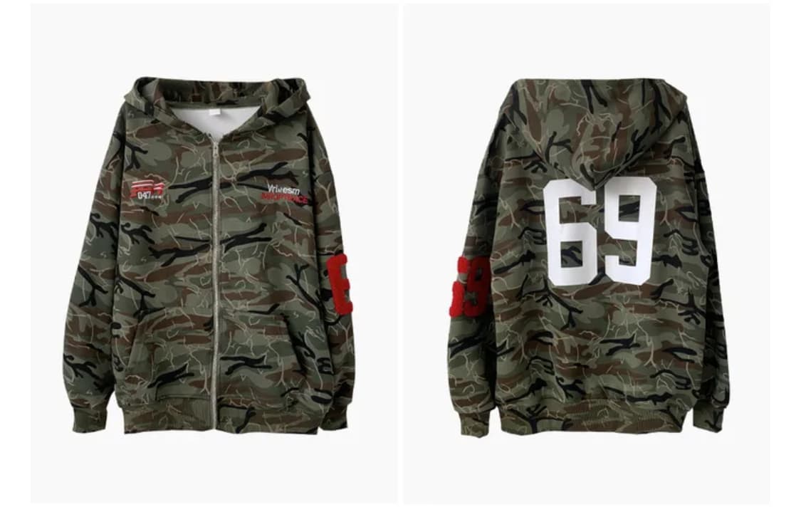 빈티지  y2k 밀러터리 오버핏 69 레터링 카모 후드집업 상품이미지4
