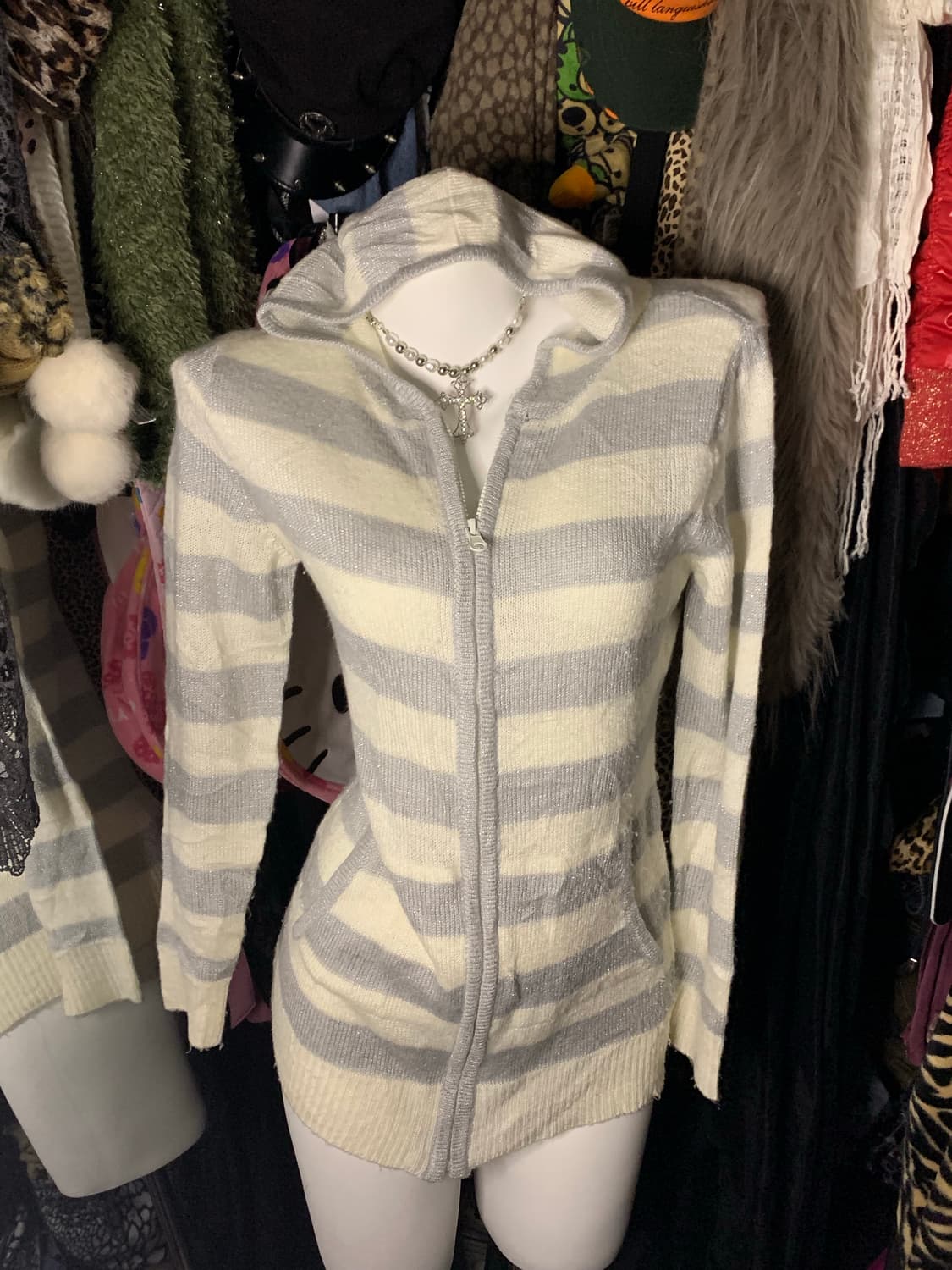 y2k 그레이 단가라 모리 니트 후드집업 상품이미지1