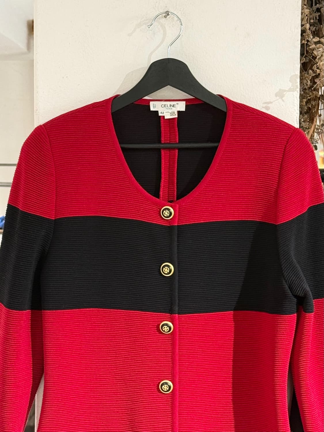 셀린느 레드 블랙 투톤 울 니트 가디건 드레스 상품이미지4