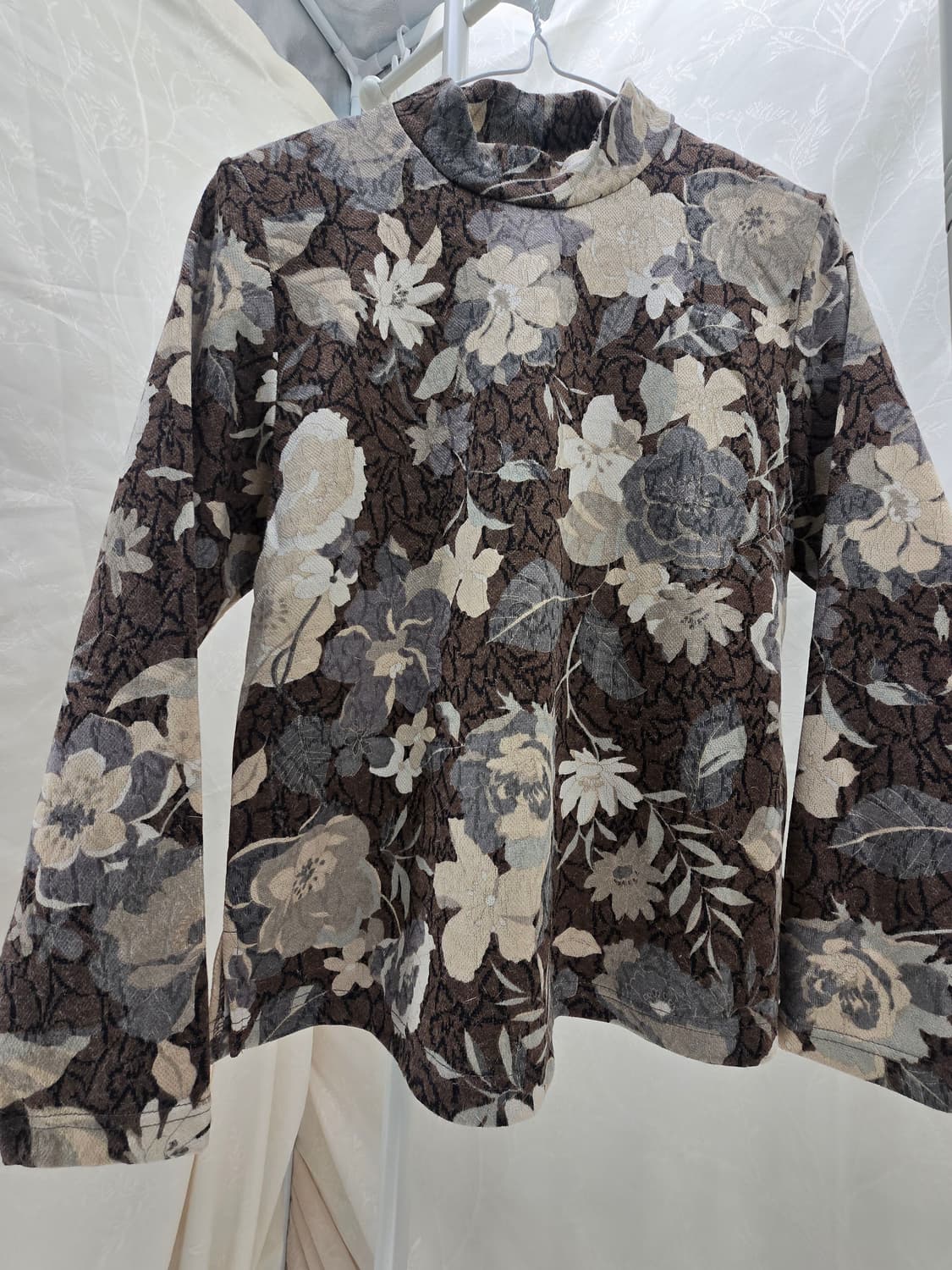 플라워 패턴 브라운 반목 폴라 티셔츠 일본빈티지 상품이미지4