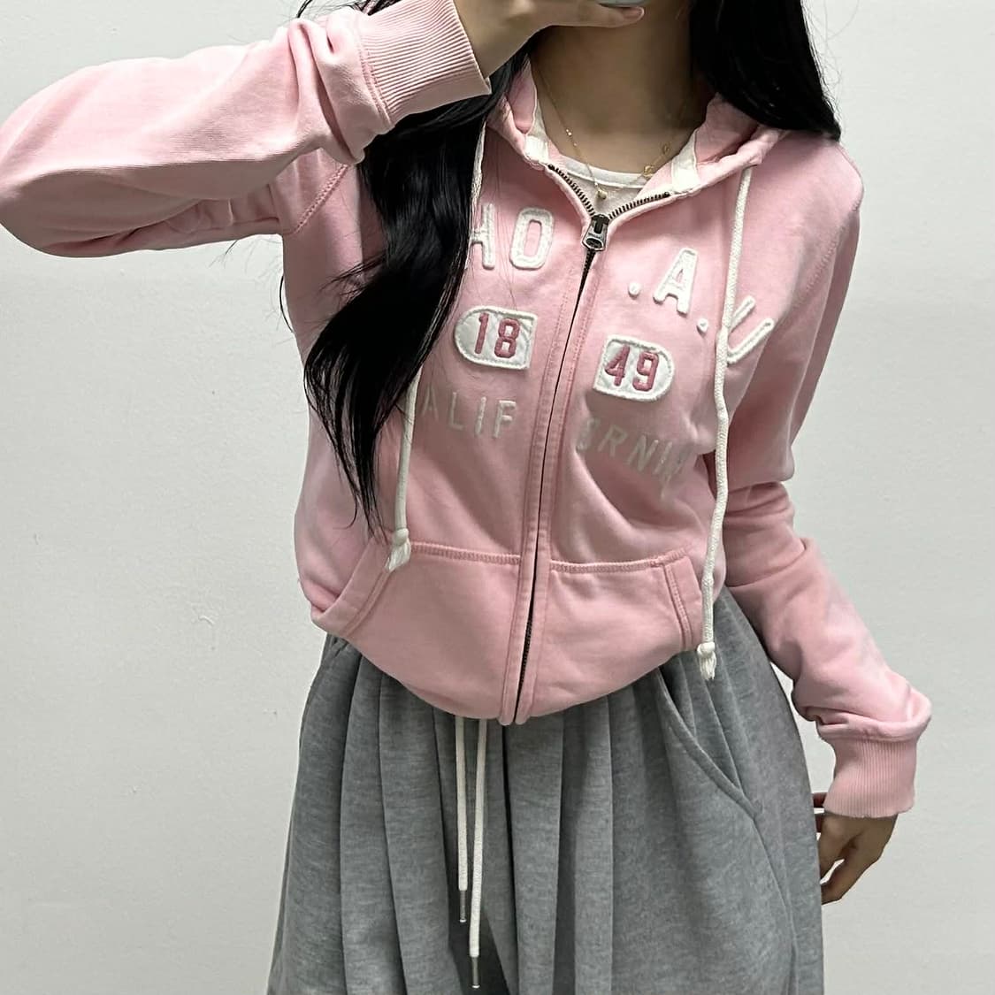 후아유 y2k 베이비핑크 러블리힙 걸즈 스웻 후드집업 희귀져지(M) 상품이미지2