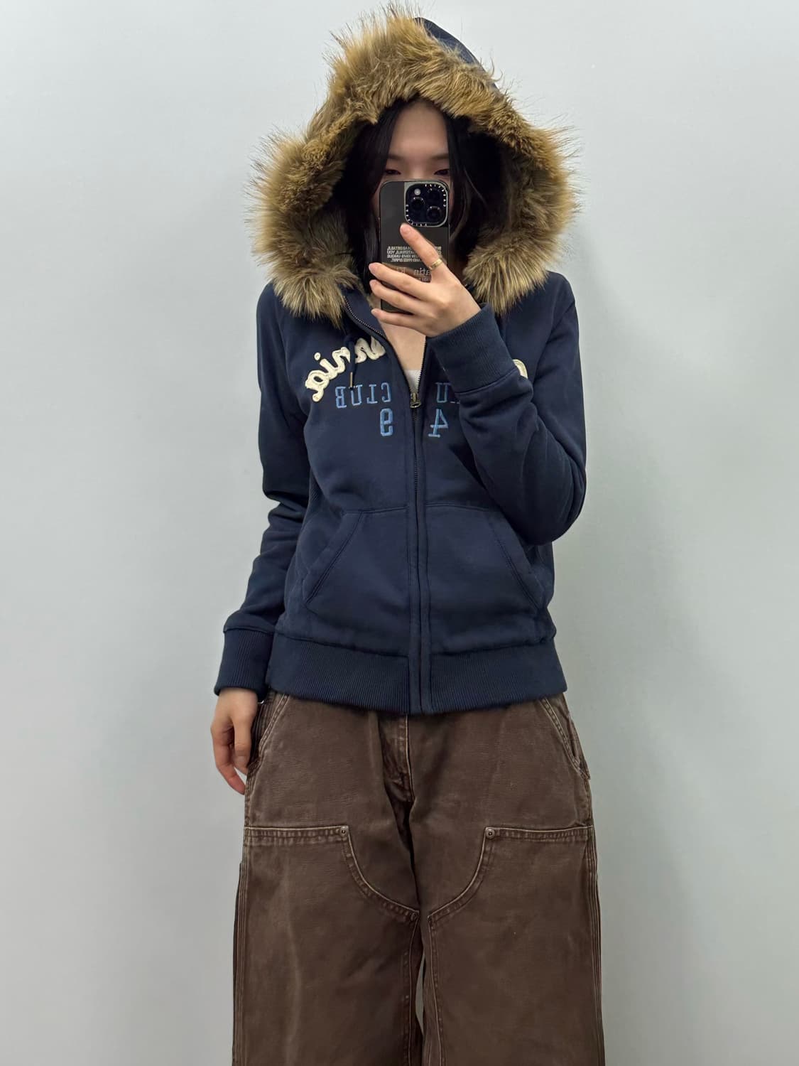 후아유 y2k 와투케 울프죠 네이비 후드집업 상품이미지2