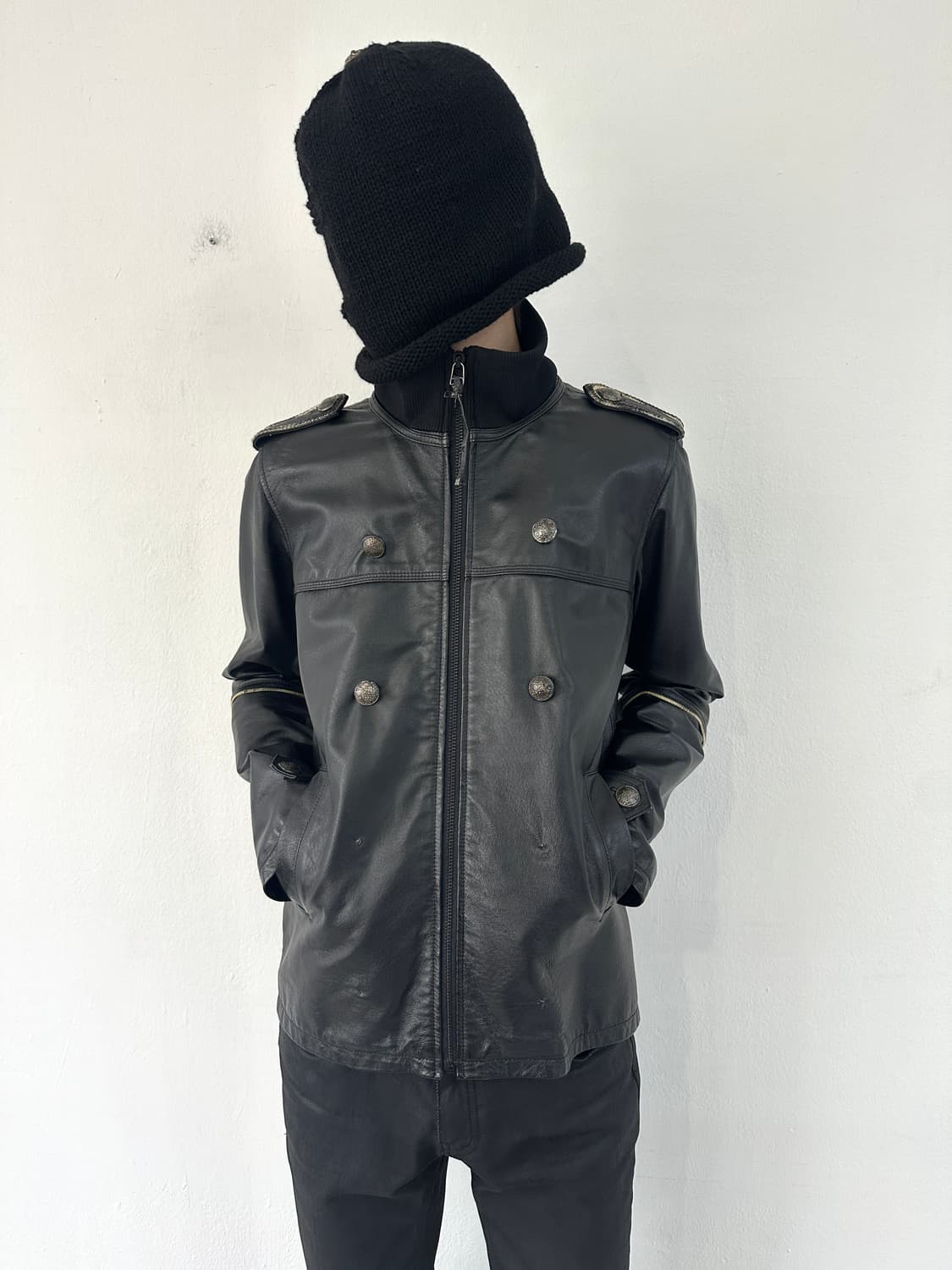 VTG 나폴레옹 하이넥 견장 블랙 레더 자켓 상품이미지1