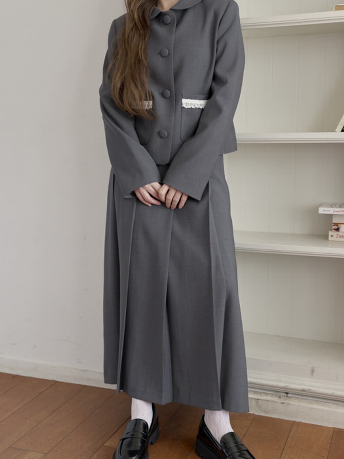 [1회 착용] 미에르꼴레스 레이스 플리츠 롱 스커트 그레이 회색 S 상품이미지7