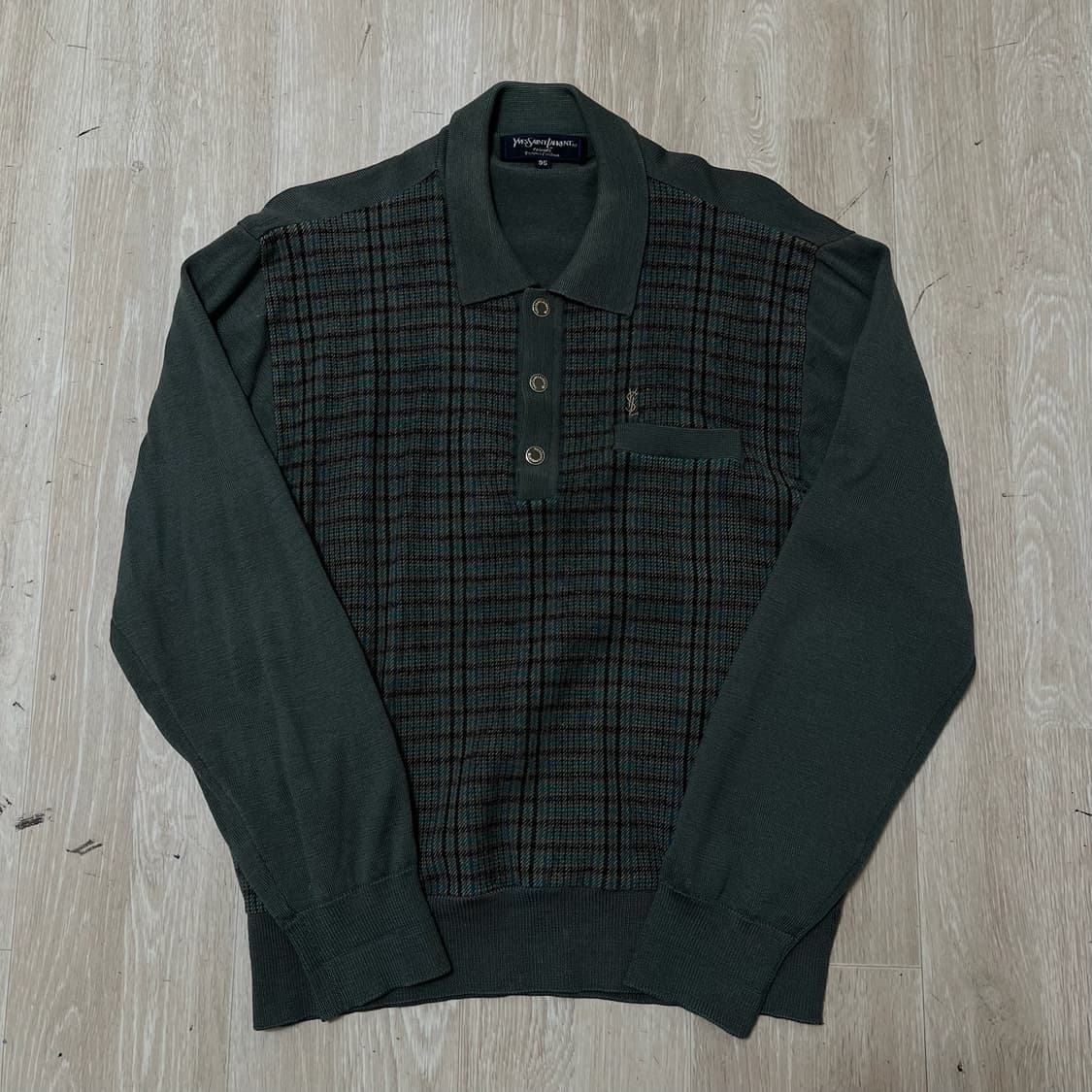 입생로랑 체크 배색 버튼업 카라 니트 [카키] M/95 상품이미지1