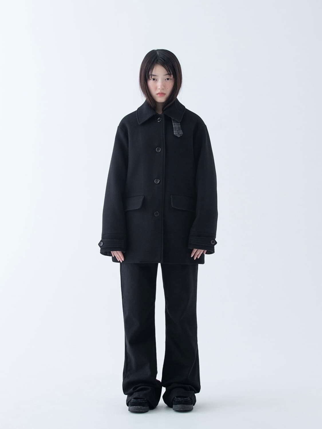 오헤시오 CHECK HALF WOOL COAT, BLACK 상품이미지2