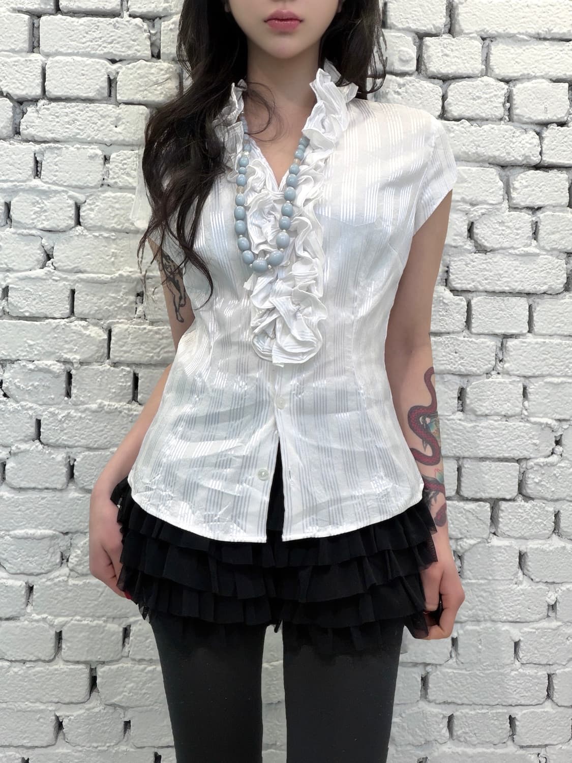 Sheer Ruffle Stripe Blouse 상품이미지1