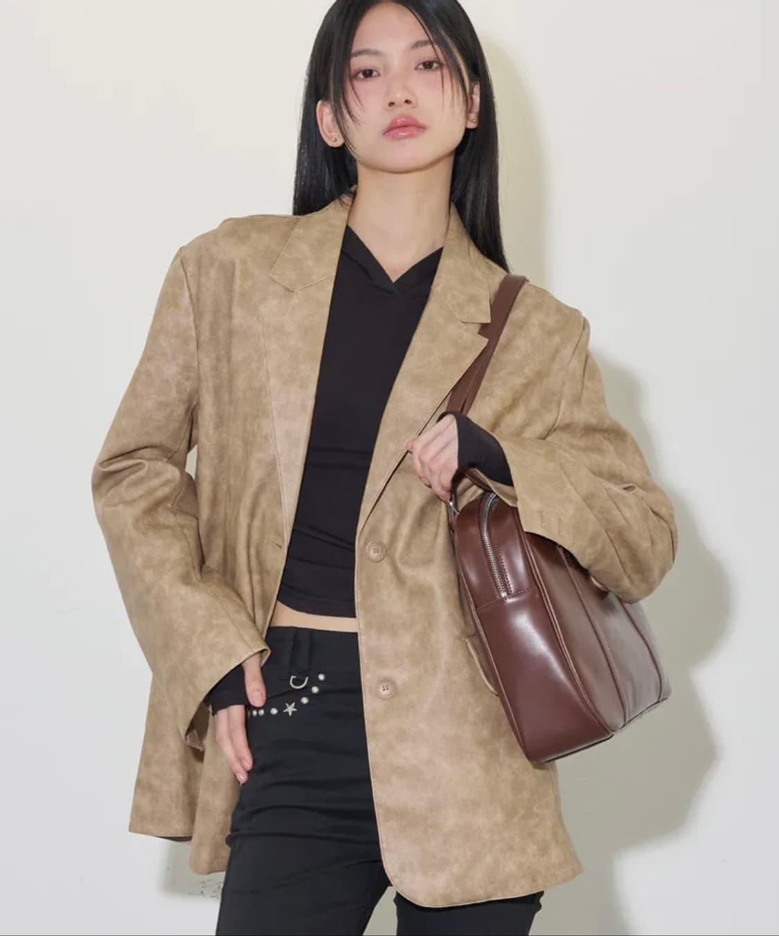 일리고 오버 핏 빈티지 레더 자켓 베이지 상품이미지2