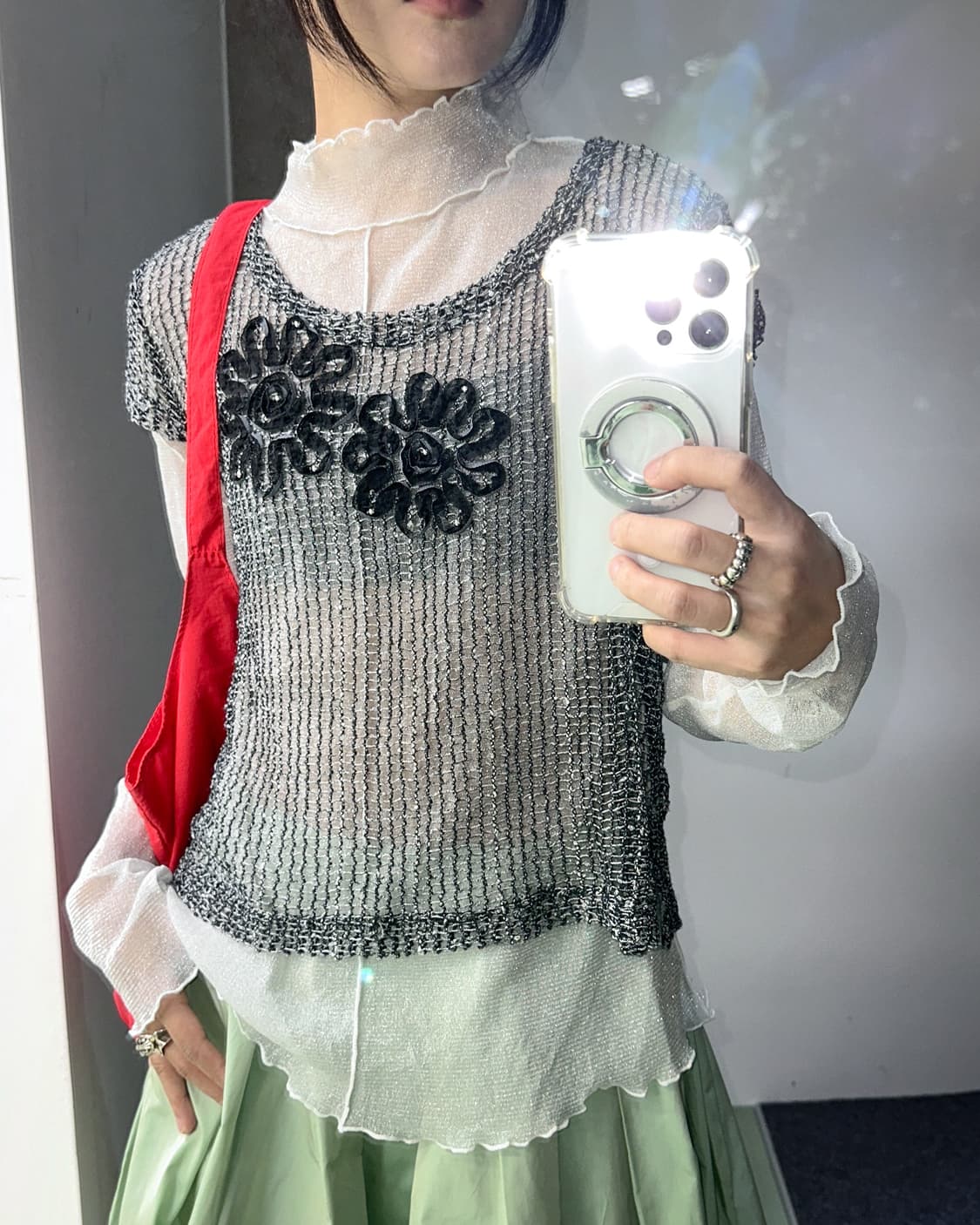 flower net top + silver seethrough top 상품이미지5