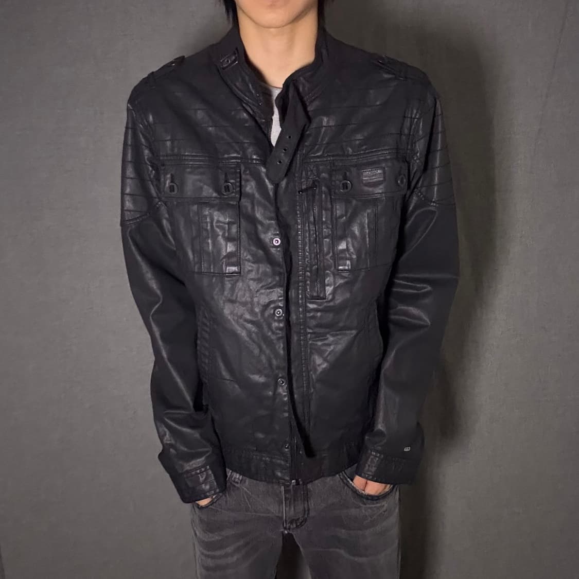 블랙 코팅진 포켓 자켓 상품이미지1