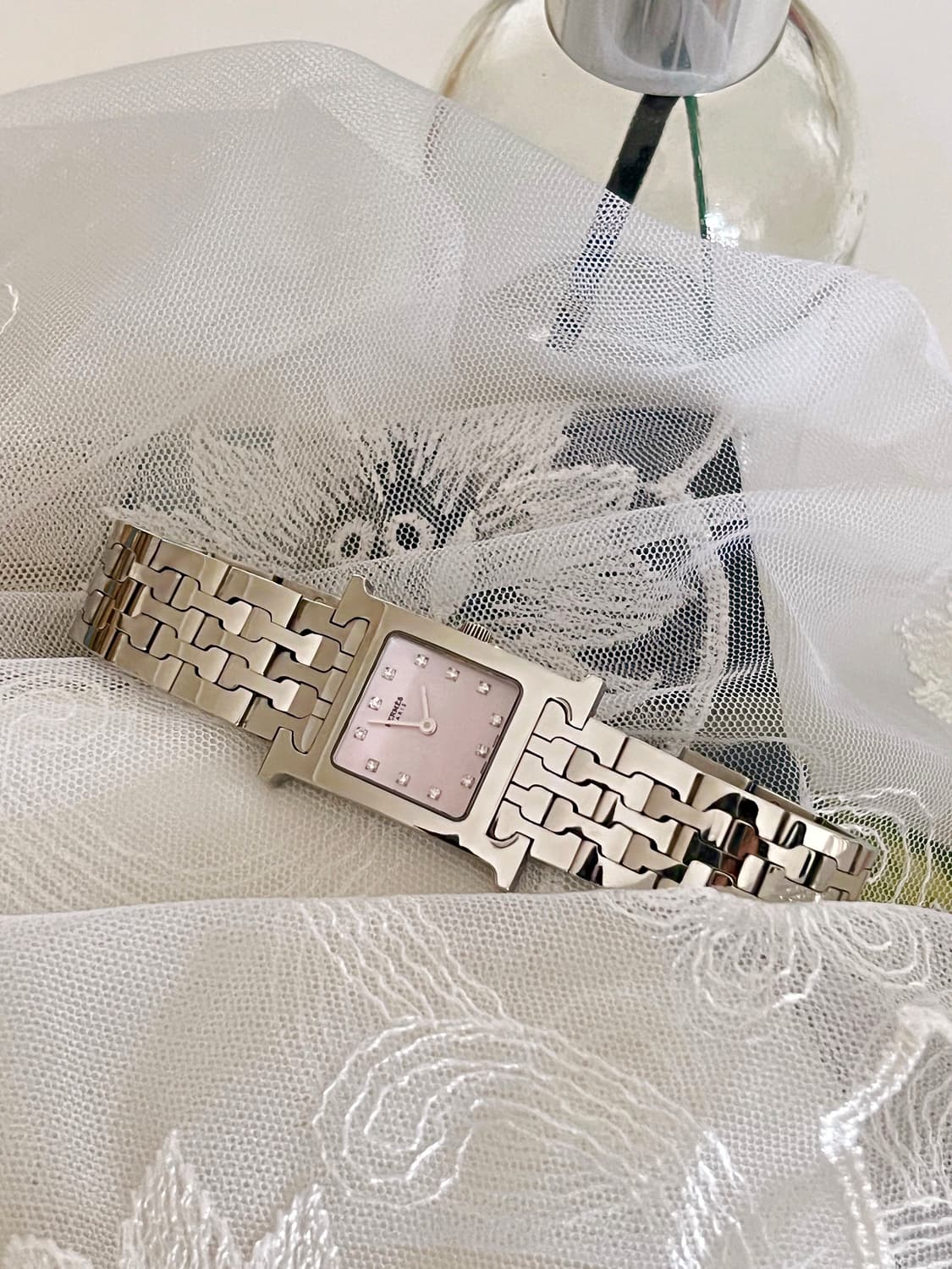 HERMES 에르메스 12p 다이아 핑크 쉘 H 아워 시계 상품이미지5